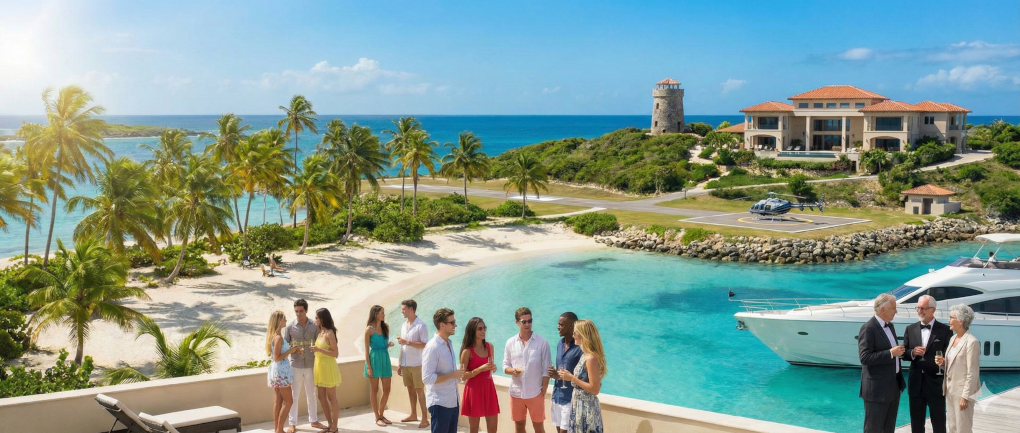 Paradise Island luxury tropical resort featuring pristine beach, swaying palm trees, luxury mansion, watchtower, private yacht, and helicopter service on crystal blue waters